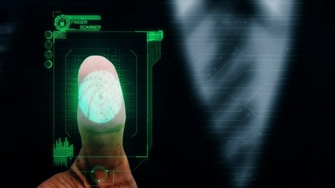 Fingerprint Biometric Digital Scan Technology. Graphic interface showing man finger with print scanning identification. conceptual of digital security and data access by use fingerprint scanner.