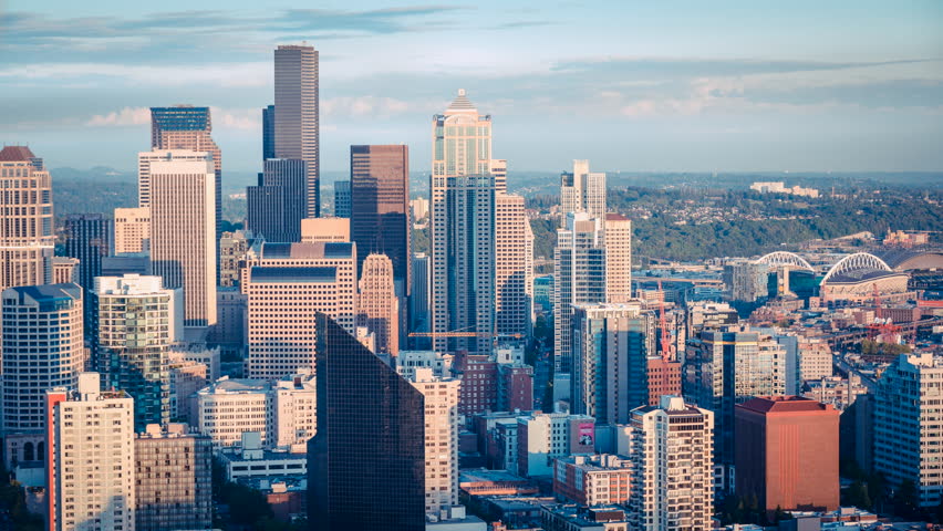 Timelapse. Aerial View. Skyscrapers skyline at sunset,Seattle.