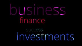 Rapidly changing background with the inscriptions success, finance, business, investment. Can be used as a mask or background. Looped video.