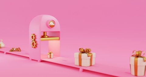 3d minimalistic presents factory cartoon loop animation. How money magic transform into presents. Coins money bag dollars on manufactory become gifts Pink and gold celebration. Valentine's day concept