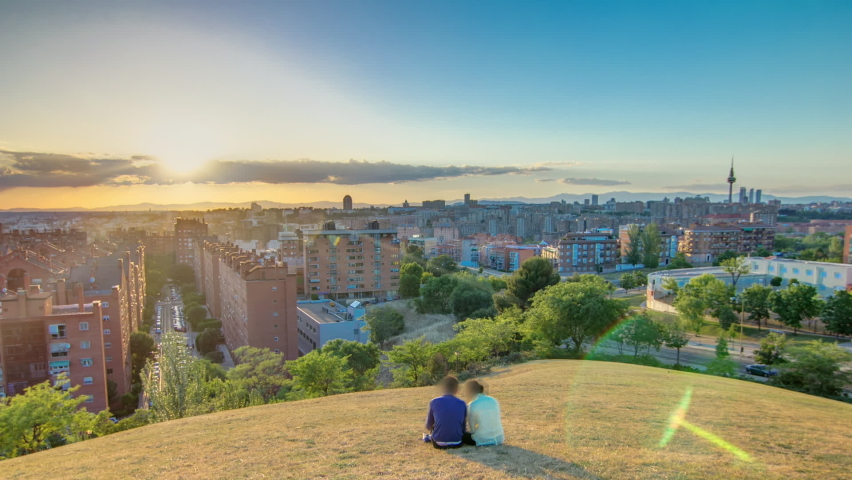Panoramic sunset timelapse aerial view of Madrid, Spain from the hills of Tio Pio Park, Vallecas-Neighborhood