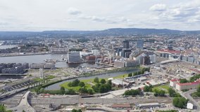 Inscription on video. Oslo, Norway. City center from the air. Embankment Oslo Fjord. On the mechanical display, Aerial View