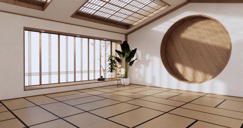 Circle shelf wall design, empty room japanese deisgn with tatami mat floor. 3D rendering
