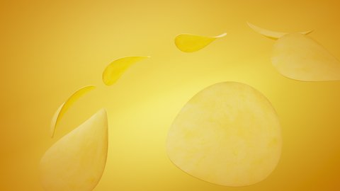 Crispy potato chips snack animation on yellow background. Raw potato, cheese rotating and become chips