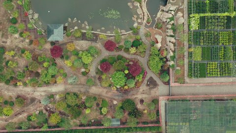 Private Ornamental Tree Nursery for Landscape Design: Variety of ornamental trees for purchase and planting in landscaping elements of cottages and parks - aerial drone panorama shot. Garden center.