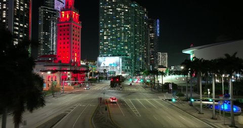 Miami, FL, USA - January 4, 2021: Low aerial video Downtown Miami Biscayne 4k