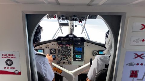 Male, Maldives - November 2 2021: Cockpit view of a DHC-6 Twin Otter Turboprop Seaplane from Trans Maldivian Airways