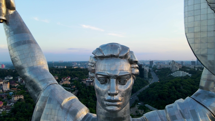 Kiev, Ukraine, circa 2022- Taking an aerial view of Kiev Kiev, the glorious Motherland Monument, Lesi Ukrainka Boulevard, Ukraine, at night in the evening