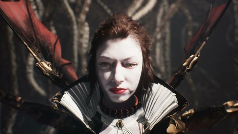 A gloomy but pretty vampire prepares for a night flight in her gothic cave with nightmarish creatures. The concept of creepy monsters and vampires. The woman was created using 3D computer graphics.