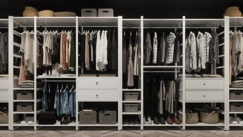 Modern wardrobe. On the hangers are a lot of clothes of various colors. Modern woman clothing. Large wardrobe with different clothes. Loopable seamless 3d animation