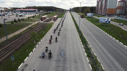many motorcyclists ride in a column. moscow russia 27 august 2021