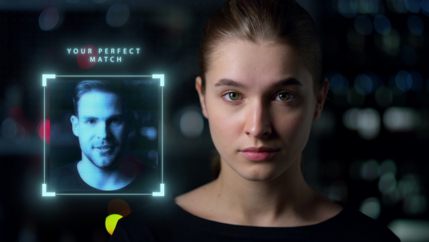 Face biometrical analysis match partner search collect personal data closeup. Futuristic application looking perfect couple to caucasian woman identifying people. Digital romance technological concept Royalty-Free Stock Footage #1085093003