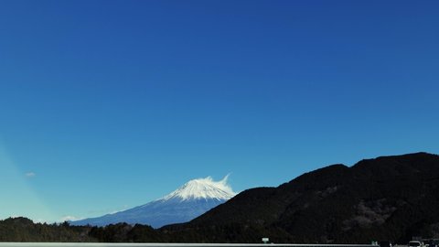 Mt. Fuji seen while driving between Shin-Shimizu IC and Shin-Fuji IC on the Shin-Tomei Expressway.
