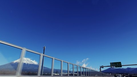 Mt. Fuji seen while driving between Shin-Shimizu IC and Shin-Fuji IC on the Shin-Tomei Expressway.
