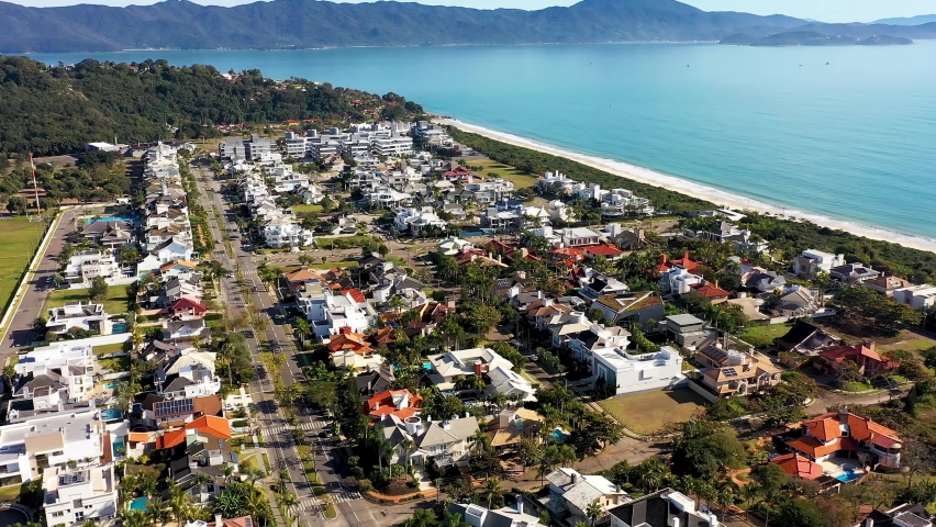 Summer travel destination. Tropical scenery. Beach landmark at brazilian state of Santa Catarina. International travel destinations landmark.