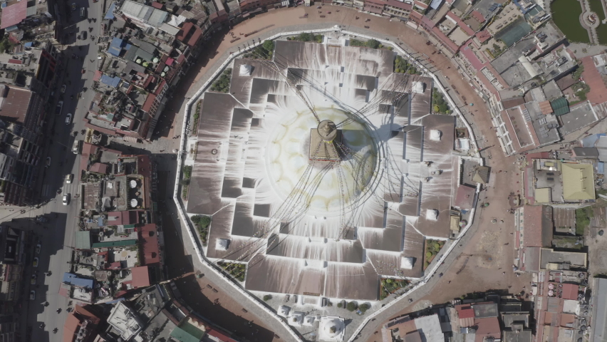 Nepal Boudha Stupa Aerial Shot Descend Reveal Kathmandu Log