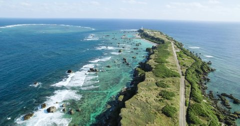 Drone shooting of a superb view of Higashi Heian Nazaki, a tourist destination in Okinawa