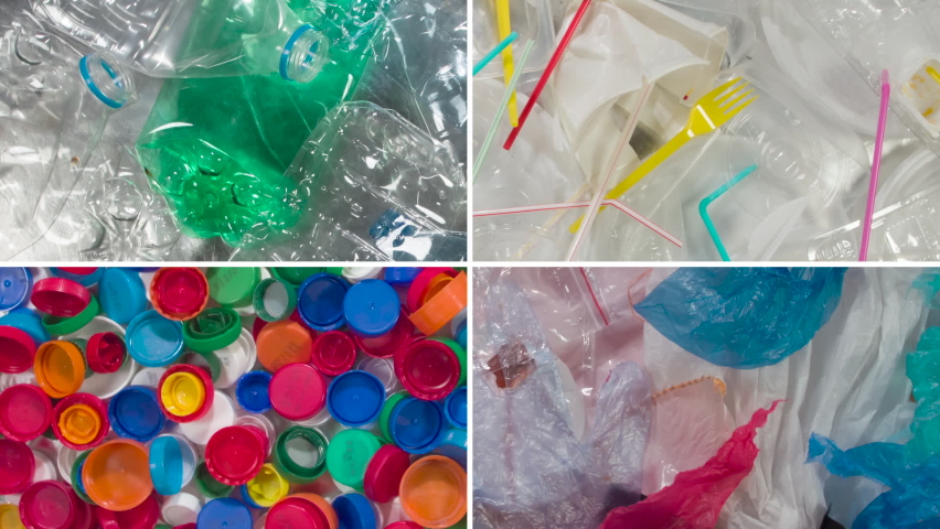 Variety of Plastic Waste for Recycling. Loop. The multiscreen shows four types of plastic waste suitable for collection and recycling. Responsible planetary resource concept Royalty-Free Stock Footage #1085106656