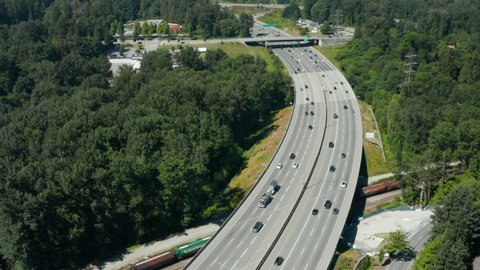 Picturesque aerial view of the Trans-Canada Highway through Burnaby, Metro Vancouver, British Columbia.