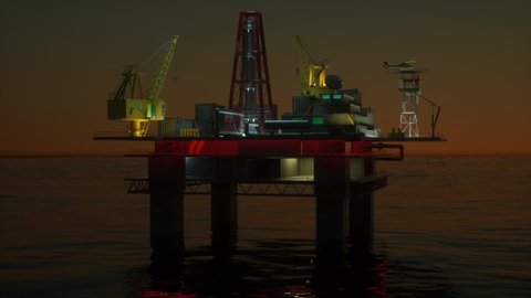 3d Animation of an oil drilling platform at night