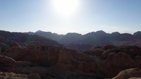 Petra drone footage of Treasure and Siq in a sunny afternoon, Jordan
