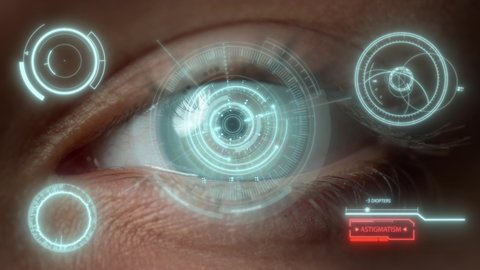 Vision health futuristic scanning process inspecting biometrics astigmatism. Modern high-tech medical scanner looking eye diseases checking human retina condition closeup. Digital medicine concept