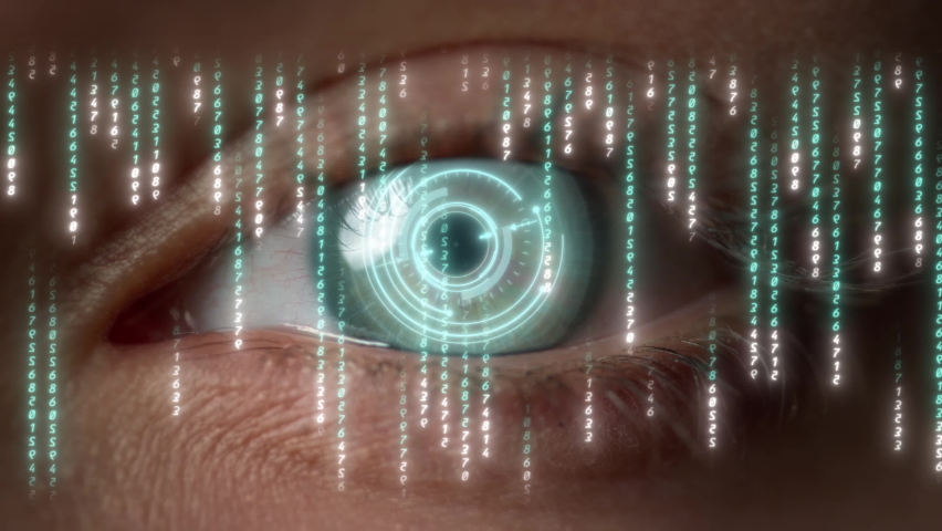 Digital matrix eye numbers scrolling hacker calculating data web connecting. Technological vision blue light iris modern network connection futuristic technology. Innovate future biometrical metaverse Royalty-Free Stock Footage #1085119100