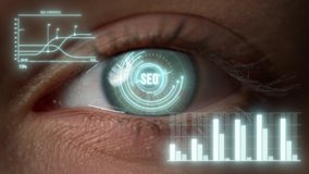 Close up futuristic ceo eye analyzing process checking financial benefits. Entrepreneur vision scan showing company development diagrams in technological future. Digital biometric technologies concept - Powered by Shutterstock - Get 15% off with code: PIKWIZARD15