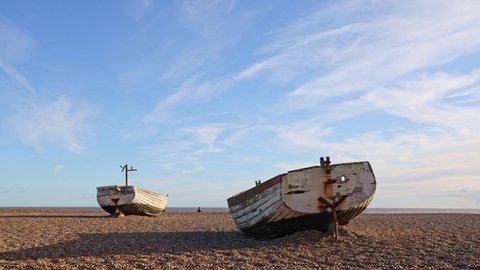 Aldeburgh, Suffolk. UK. January 2nd 2022. Fishing boats on Aldeburgh beach. Time lapse