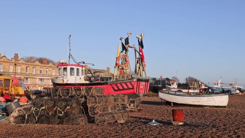 Aldeburgh, Suffolk. UK. January 3rd 2022. Fishing boats on Aldeburgh beach 