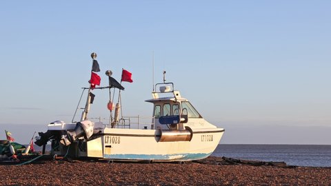 Aldeburgh, Suffolk. UK. January 3rd 2022. Fishing boat on the beach facing the sea.