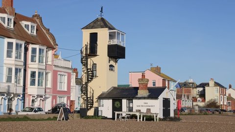 Aldeburgh, Suffolk. UK. January 6th 2022. View of the newly redecorated South Lookout building on Aldeburgh beach on a sunny day. 