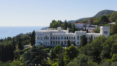 Livadia, Crimea. Livadia Palace - located on the shores of the Black Sea in the village of Livadia in the Yalta region of Crimea, Aerial View Hyperlapse, Point of interest