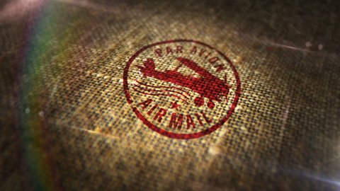 Air Mail sign stamp on natural linen sack. Retro par avion post letter delivery and airmail express postmark 3D rendered design abstract concept. Looped and seamless animation.