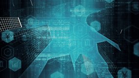 Digital composite video of digital interface with data processing and business themed icons against tall glass skyscrapers cityscape background. computer interface, business and technology concept. - Powered by Shutterstock - Get 15% off with code: PIKWIZARD15