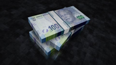 South Africa Rand money pile pack. Concept background of economy, banking, business, crisis, recession, debt and finance. 100 ZAR banknotes stacks 3d animation.