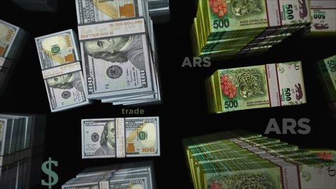 American Dollar and Argentina Peso money exchange. Banknotes pack bundle. Concept of trade, economy, competition, crisis, banking and finance. Notes loopable seamless 3d.