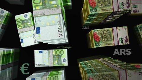 Euro and Argentina Peso money exchange. Paper banknotes pack bundle. Concept of trade, economy, competition, crisis, banking and finance. Notes loopable seamless 3d animation.