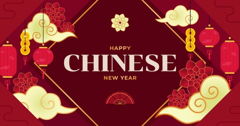 Happy Chinese New Year. Chinese with red and gold decorative classic festive background for holiday. Traditional lunar year celebration background with hanging lanterns, flowers and clouds. 4K loop