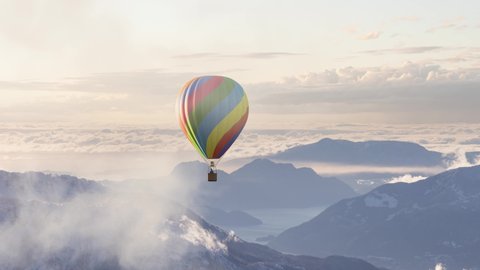 Dramatic Mountain Landscape covered in clouds and Hot Air Balloon Flying. 3d Rendering Adventure Dream Concept Artwork. Aerial Image from British Columbia, Canada. Cloudy Sunset Sky. Animation