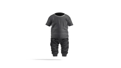 Blank black baby suit t-shirt and pants mockup, looped rotation, 3d rendering. Empty turning child growsuit, isolated on white background. Clear trackpants and tee-shirt for bodysuit template.
