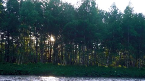 Boat traffic with the current and the setting sun glimpses through the deciduous forest
