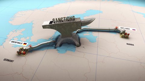 3D render of concept shot the sanctions against Nord Stream 2. Visualization of the construction of a gas pipe between Europe Germany and Russia, and a falling anvil with the word sanctions