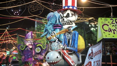 Lincoln, Argentna - February 2020: Uncle Sam Giant Doll on a Float at the Artisanal Carnival in Lincoln, Buenos Aires Province, Argentina. 4K Resolution.
