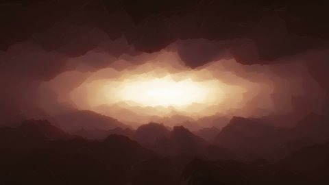 Camera flying Endlessly into a stylized Stone cave toward light with red atmosphere. 4K 3d animation looping background