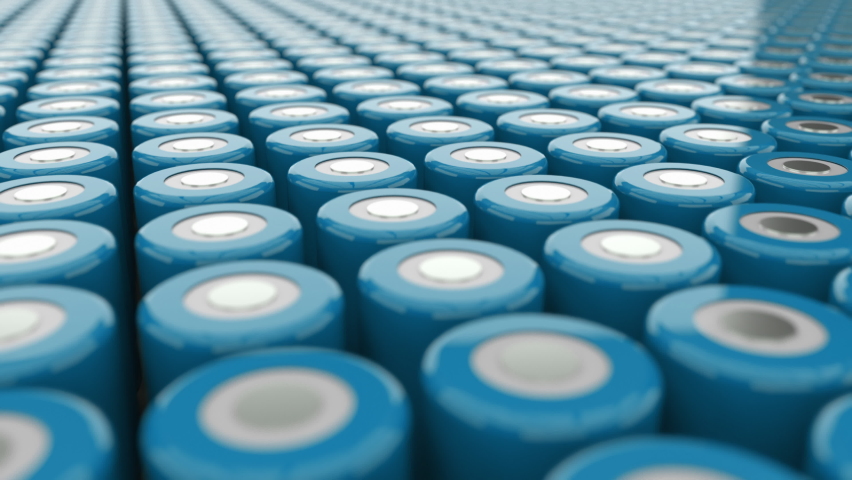 Energy evolution. New High-Capacity 4680 Format Lithium Batteries for automotive production and other consumer electronics. Seamless loop of blue 4680 batteries, infinity field Royalty-Free Stock Footage #1085141810