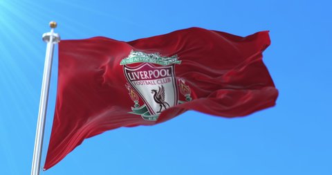 Malaga, Malaga Spain - 9 22 2019: Flag of Liverpool Football Club of England waving, loop