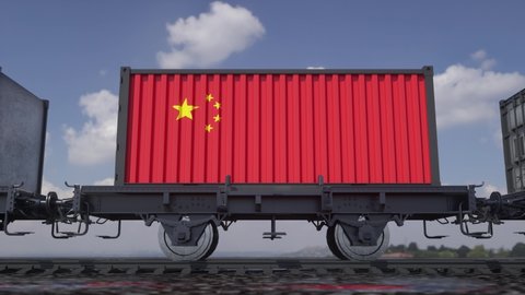 Containers with the flag of China. Railway transportation