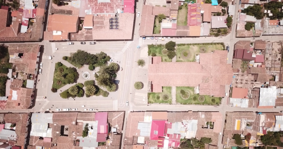View of Urubamba city in Cusco Peru. View of Urumbaba downtown with mainsquare and cathedral with a cross form.