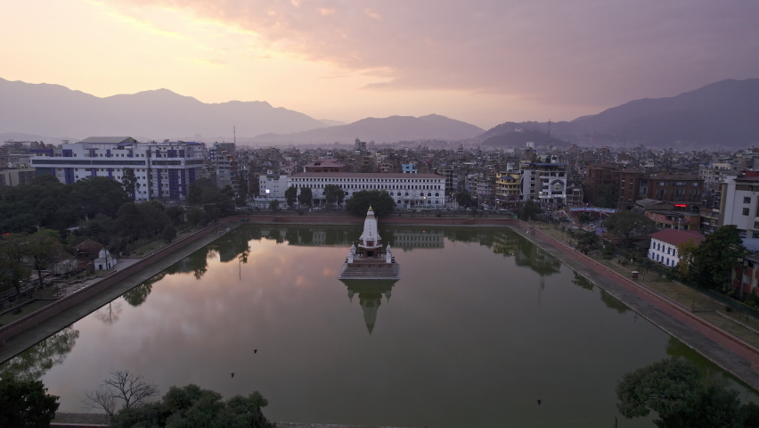 Rani Pokhari during sunset in Kathmandu Nepal from aerial view over the pond.